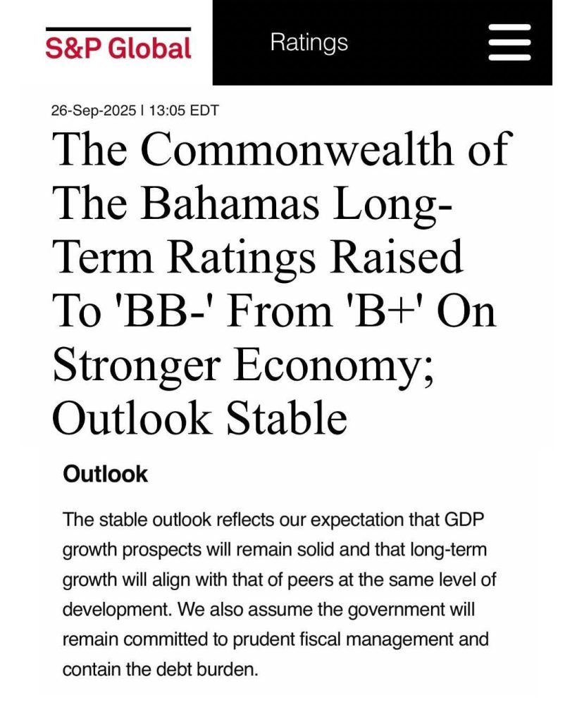 S&P Global Ratings upgrades The Bahamas long-term ratings to ‘BB-” with a Stable Outlook