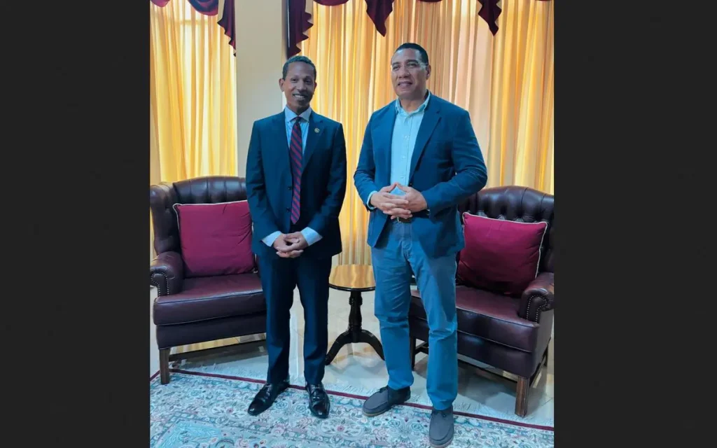 UDP Leader Shyne Barrow congratulates returning Jamaican Prime Minister Andrew Holness