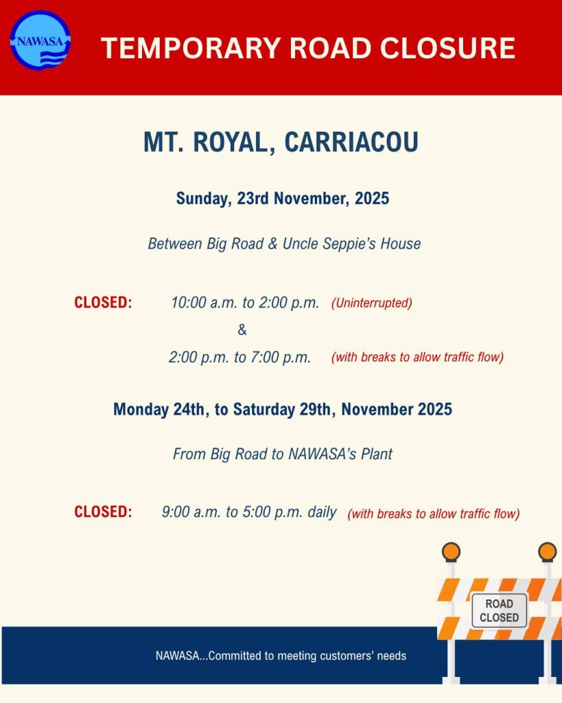 Temporary road closure: Mt Royal public road, Carriacou