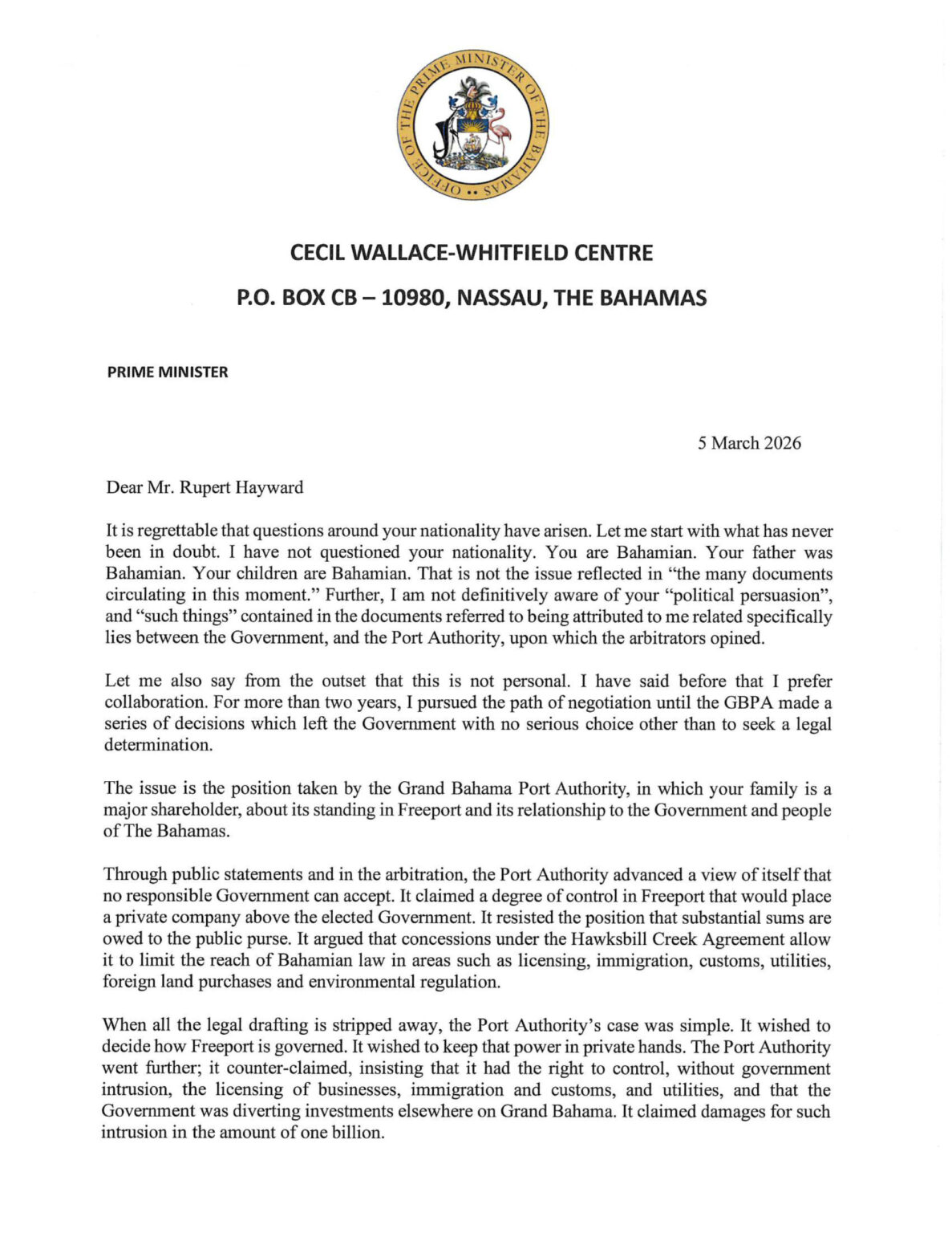 PM Philip Davis KC writes Rupert Hayward of GBPA
