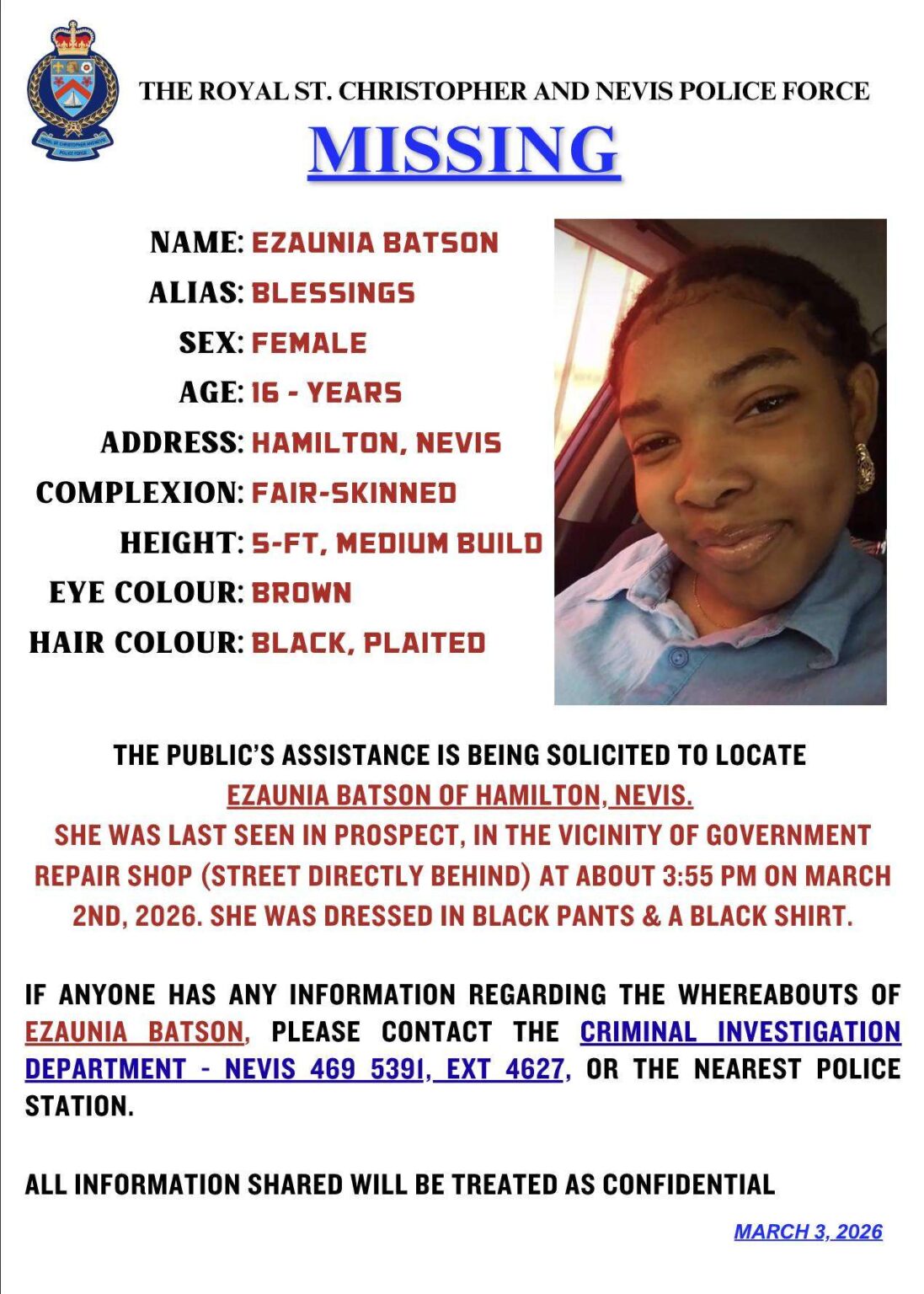 Public Urged to Assist in Locating Missing Nevis Girl